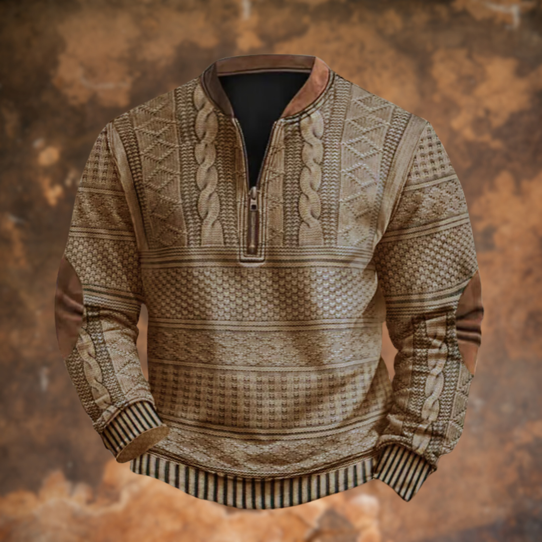 Men's textured geometric knit sweater with mandarin collar and quarter-zip fastening