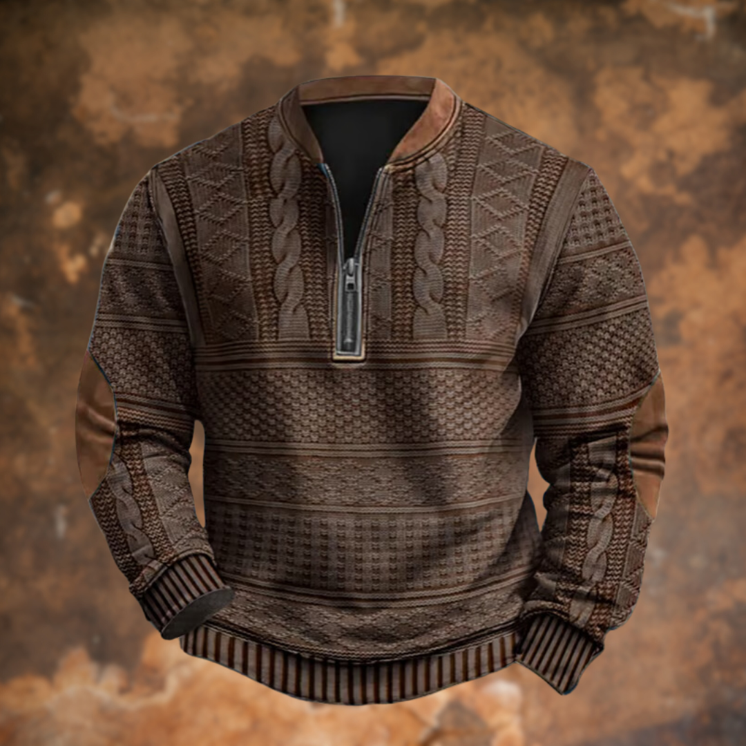 Men's textured geometric knit sweater with mandarin collar and quarter-zip fastening