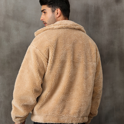 Men's textured fleece jacket with stand collar and front zipper