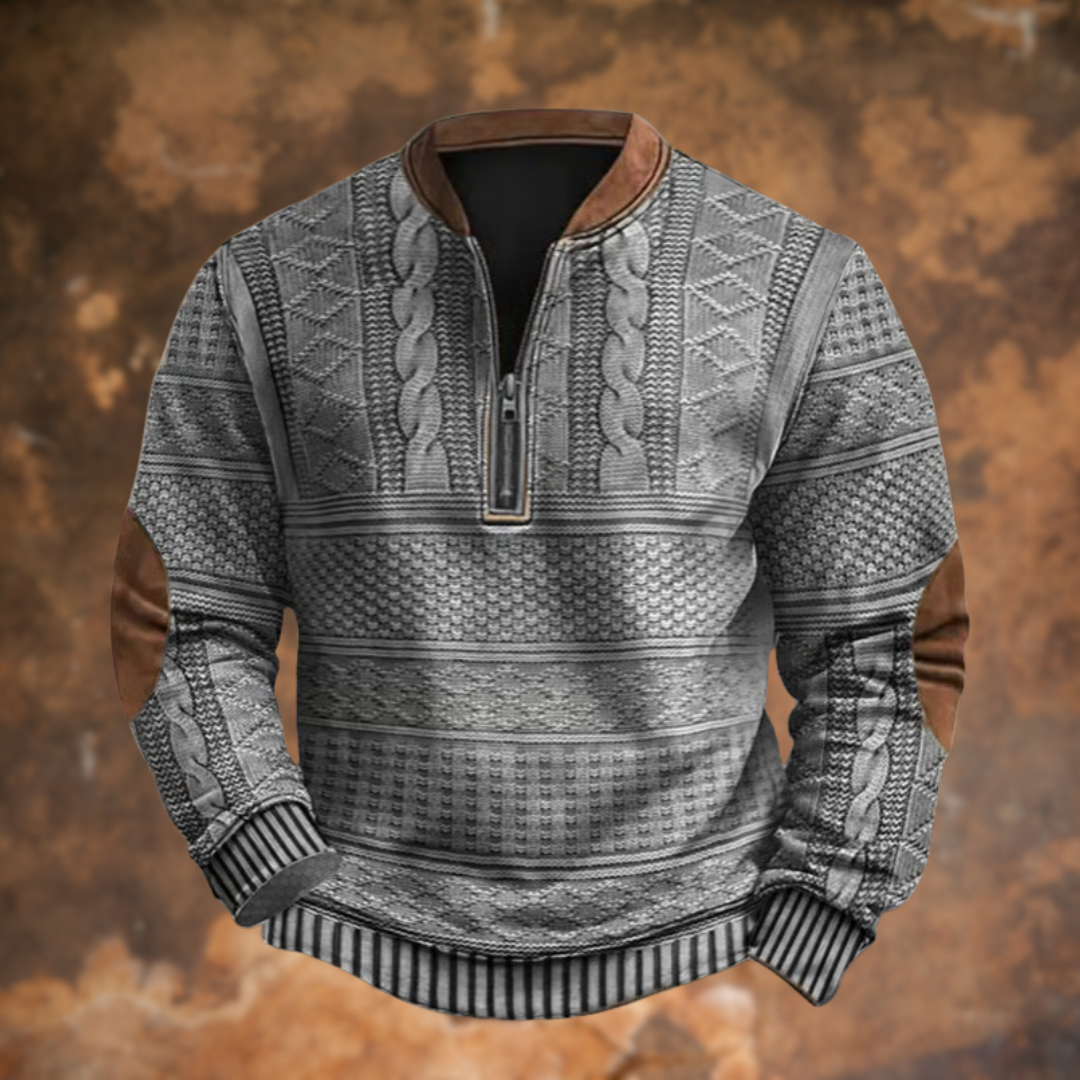 Men's textured geometric knit sweater with mandarin collar and quarter-zip fastening