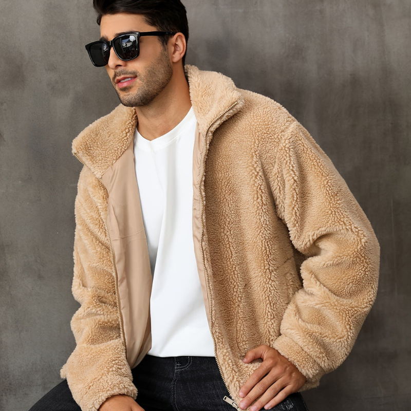 Men's textured fleece jacket with stand collar and front zipper
