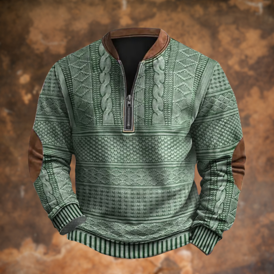 Men's textured geometric knit sweater with mandarin collar and quarter-zip fastening
