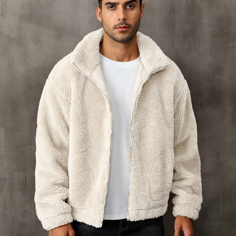 Men's textured fleece jacket with stand collar and front zipper