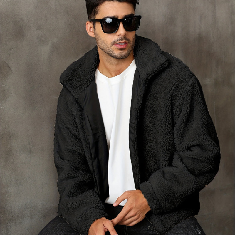 Men's textured fleece jacket with stand collar and front zipper