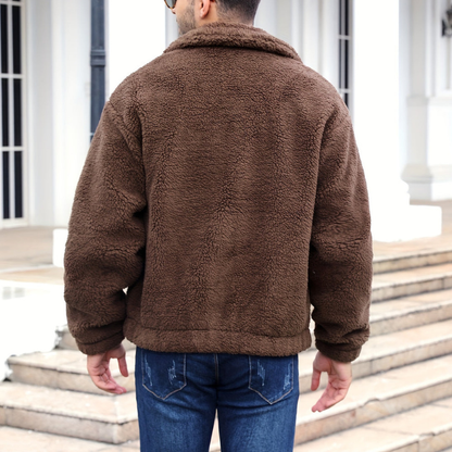 Men's textured fleece jacket with stand collar and front zipper
