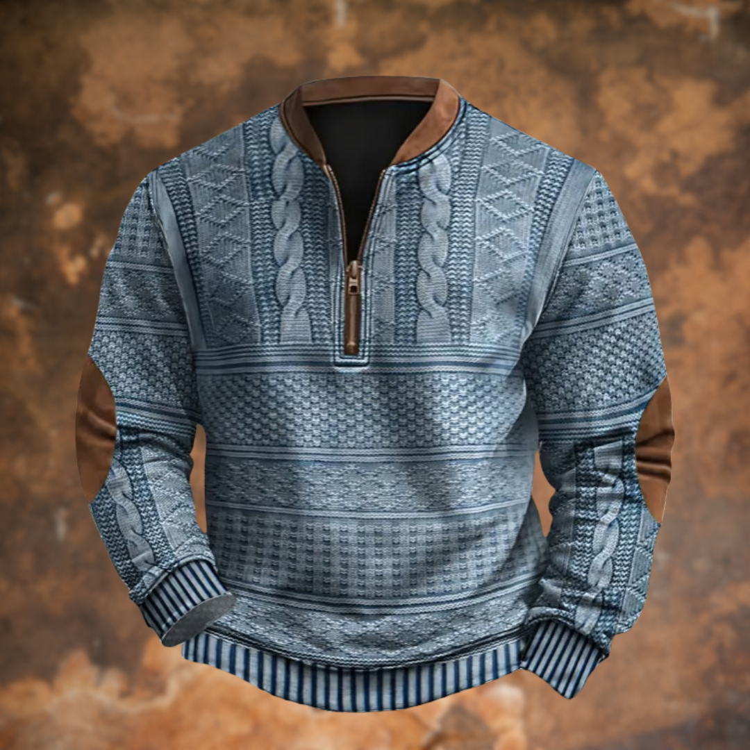 Men's textured geometric knit sweater with mandarin collar and quarter-zip fastening