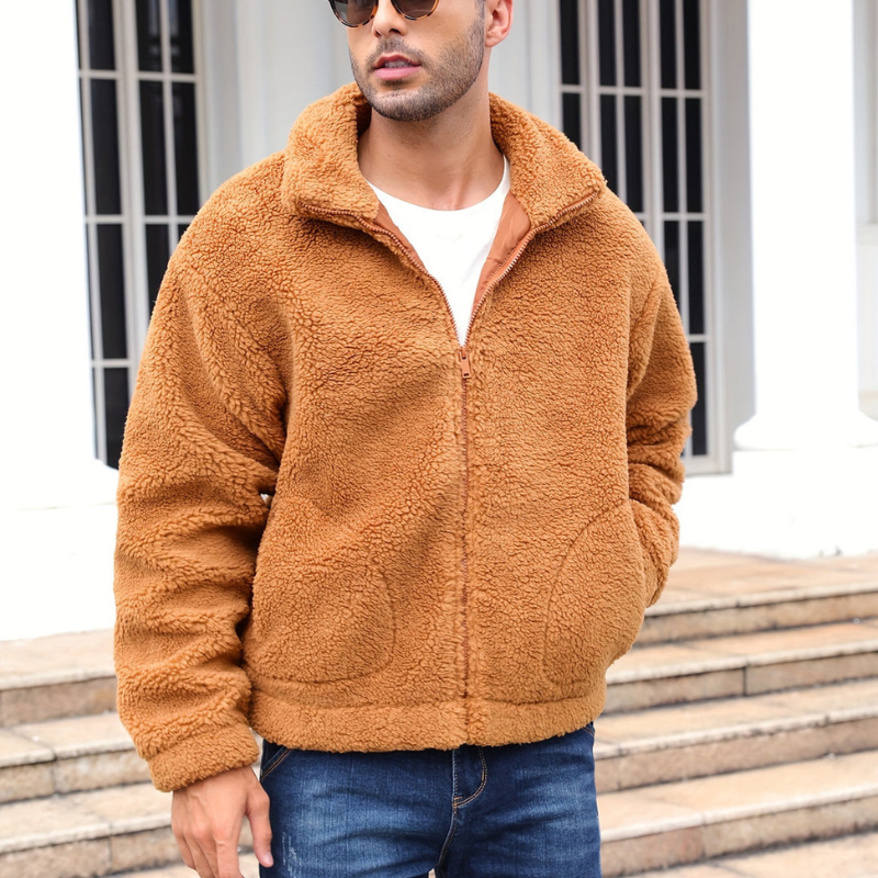 Men's textured fleece jacket with stand collar and front zipper