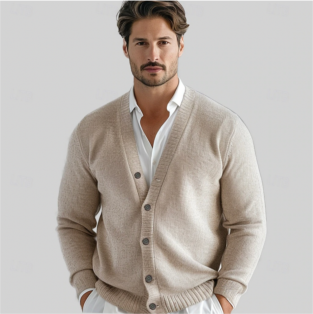 Men's V-neck knit cardigan with button front and long sleeves