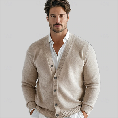 Men's V-neck knit cardigan with button front and long sleeves