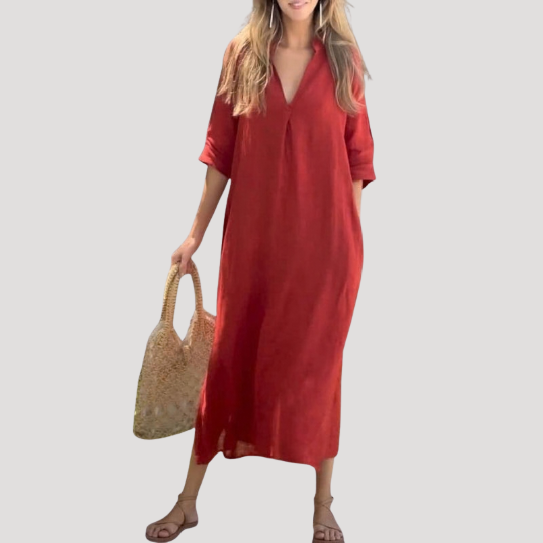 Women's V-Neck Midi Dress — Three-Quarter Sleeve Relaxed Flowy Midi Dress