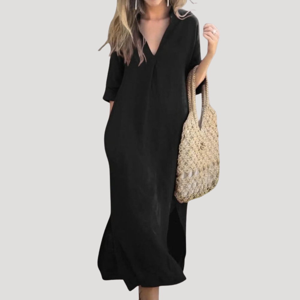 Women's V-Neck Midi Dress — Three-Quarter Sleeve Relaxed Flowy Midi Dress