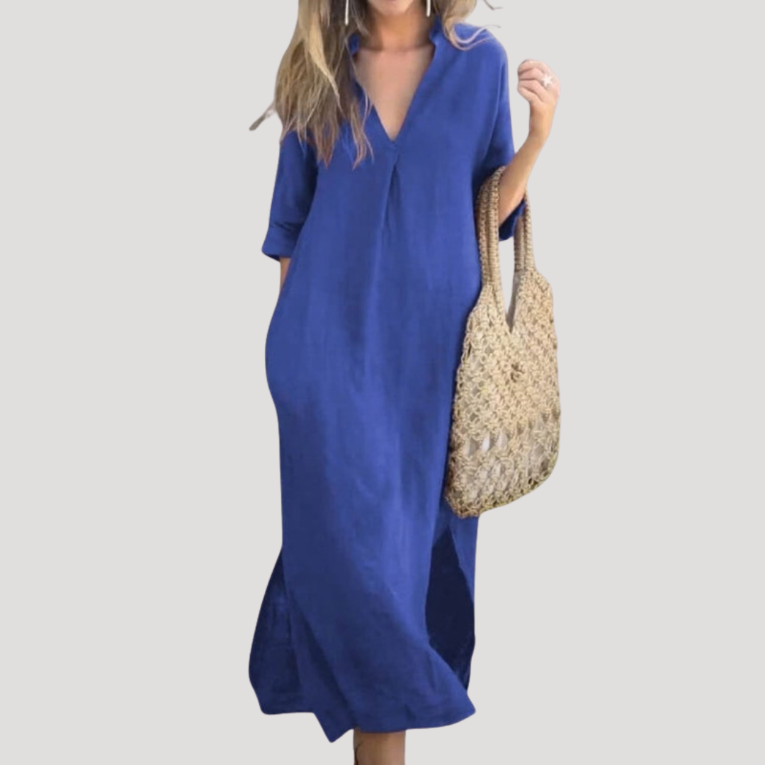 Women's V-Neck Midi Dress — Three-Quarter Sleeve Relaxed Flowy Midi Dress