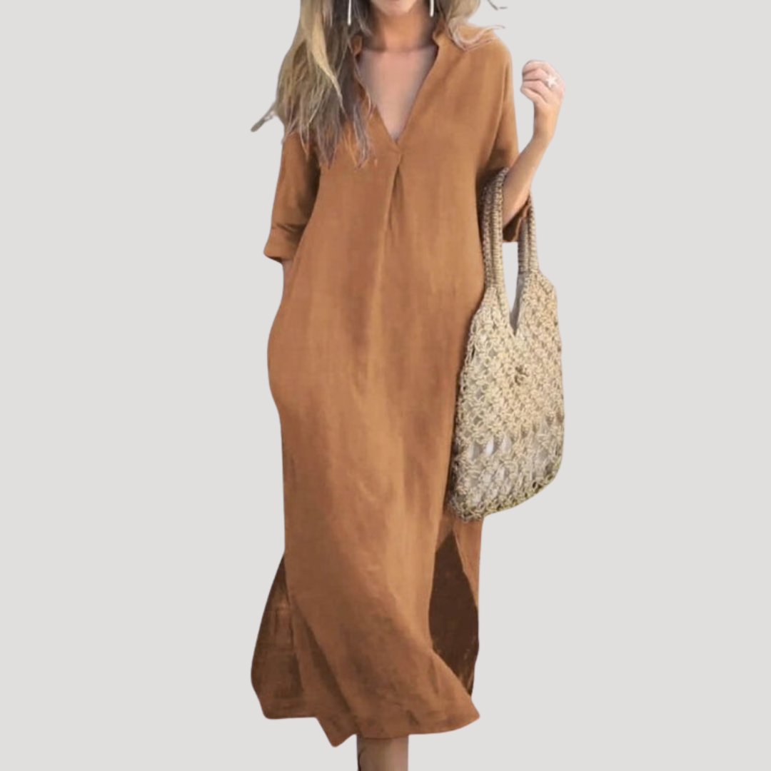 Women's V-Neck Midi Dress — Three-Quarter Sleeve Relaxed Flowy Midi Dress