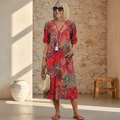 Women's relaxed print midi dress with V-neck and half sleeves in scarlet red and ocean blue colourways