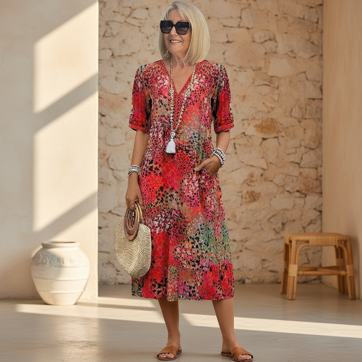 Women's relaxed print midi dress with V-neck and half sleeves in scarlet red and ocean blue colourways