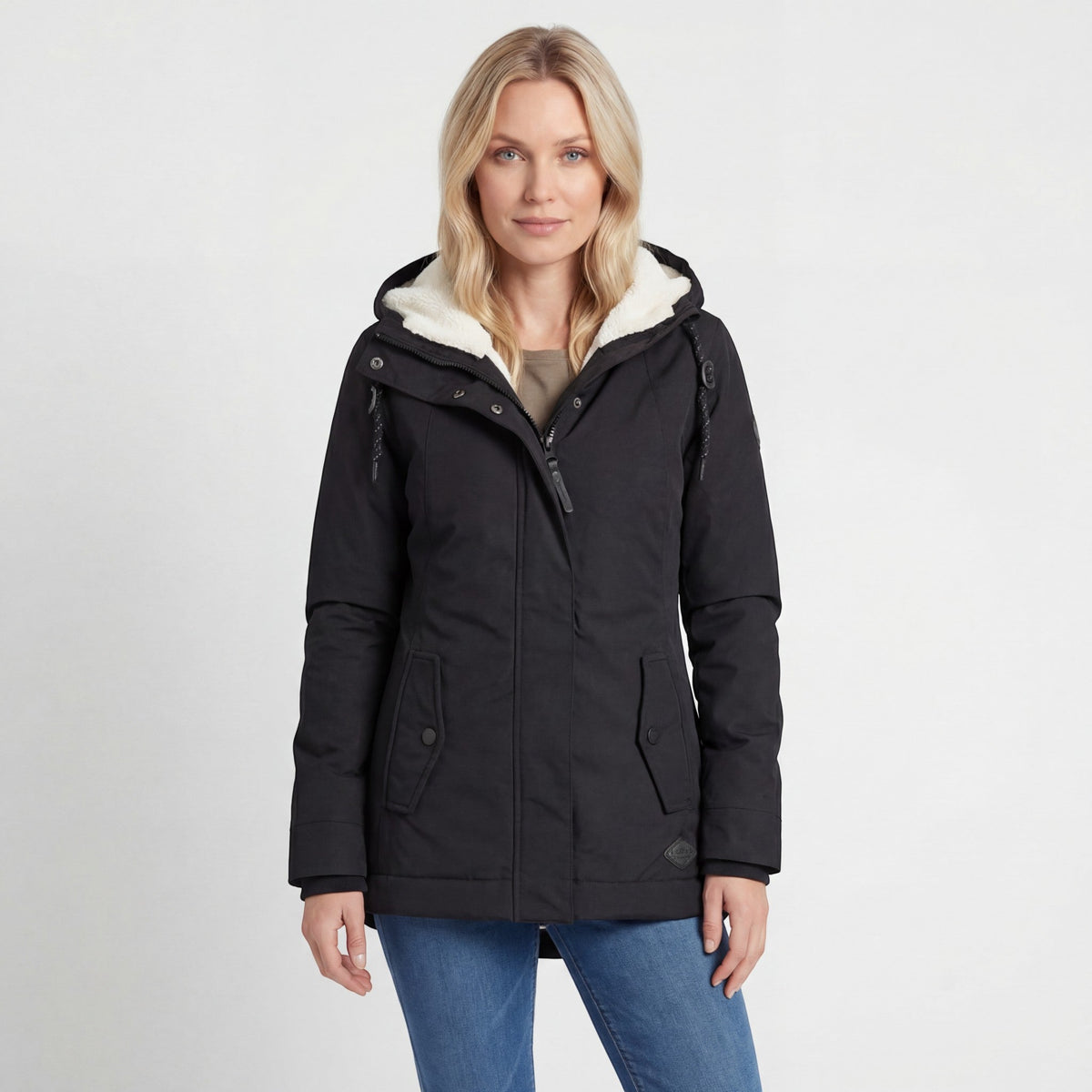 Women's hooded padded jacket with plush-lined hood and long sleeves