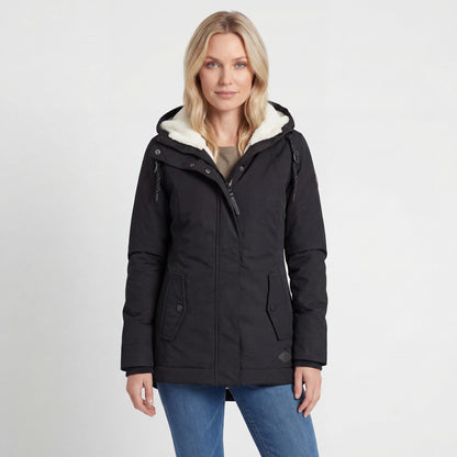 Women's hooded padded jacket with plush-lined hood and long sleeves