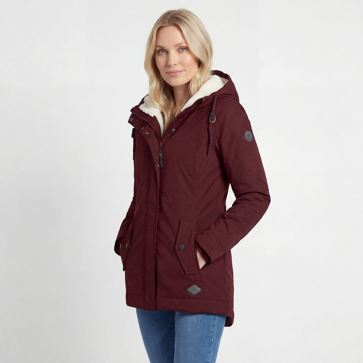 Women's hooded padded jacket with plush-lined hood and long sleeves