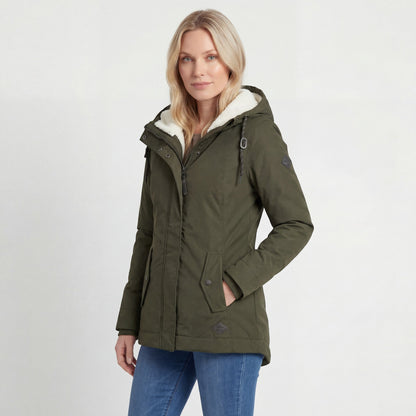 Women's hooded padded jacket with plush-lined hood and long sleeves