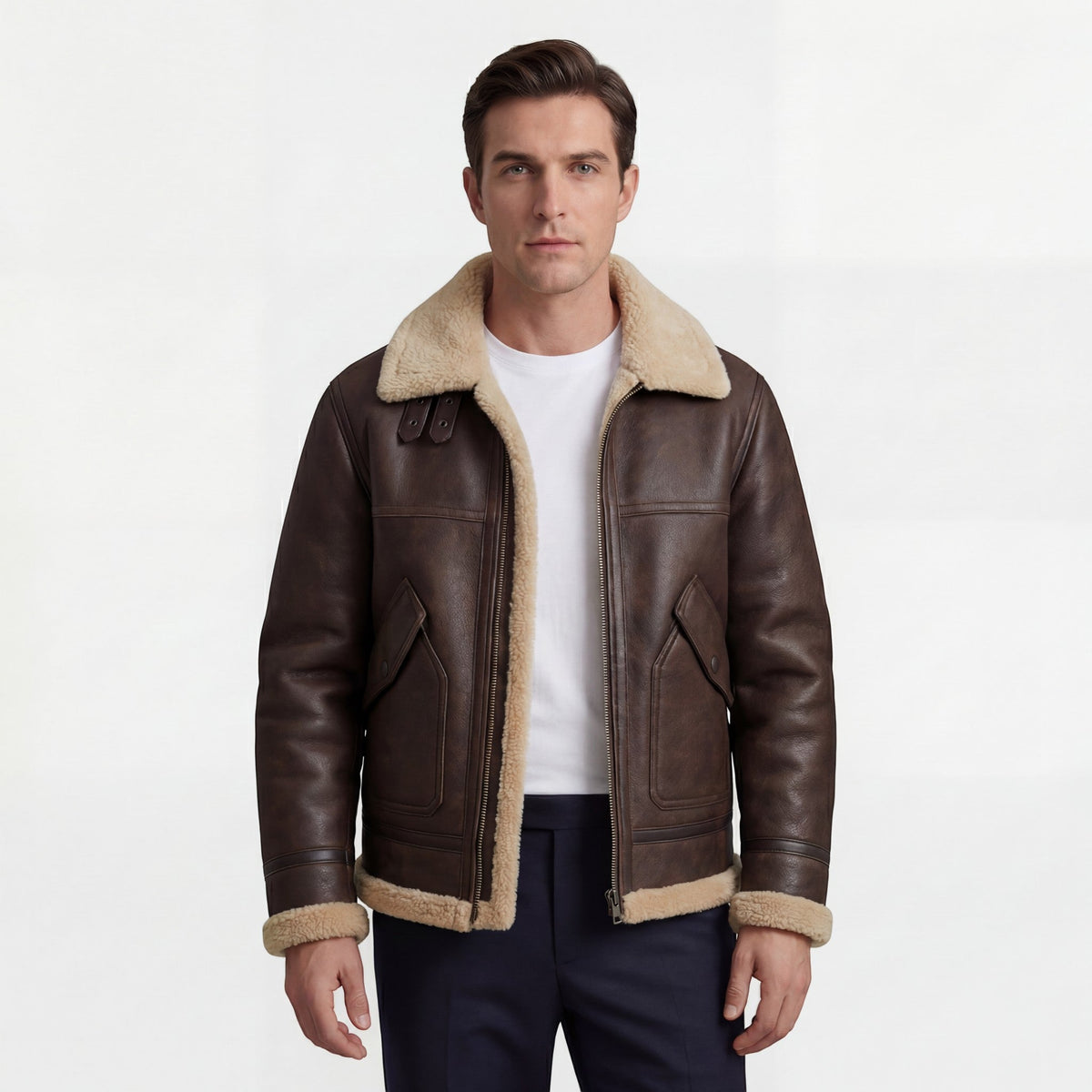 Men's aviator jacket with contrasting shearling-style trim and zip front