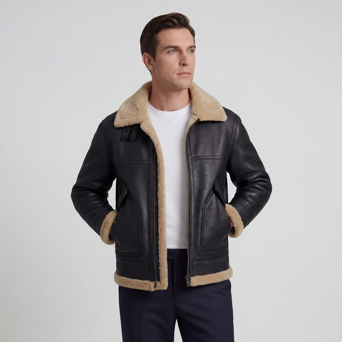 Men's aviator jacket with contrasting shearling-style trim and zip front