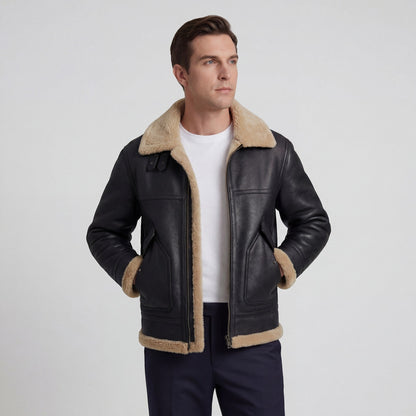 Men's aviator jacket with contrasting shearling-style trim and zip front