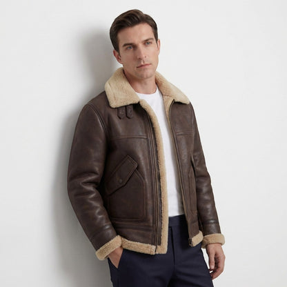 Men's aviator jacket with contrasting shearling-style trim and zip front
