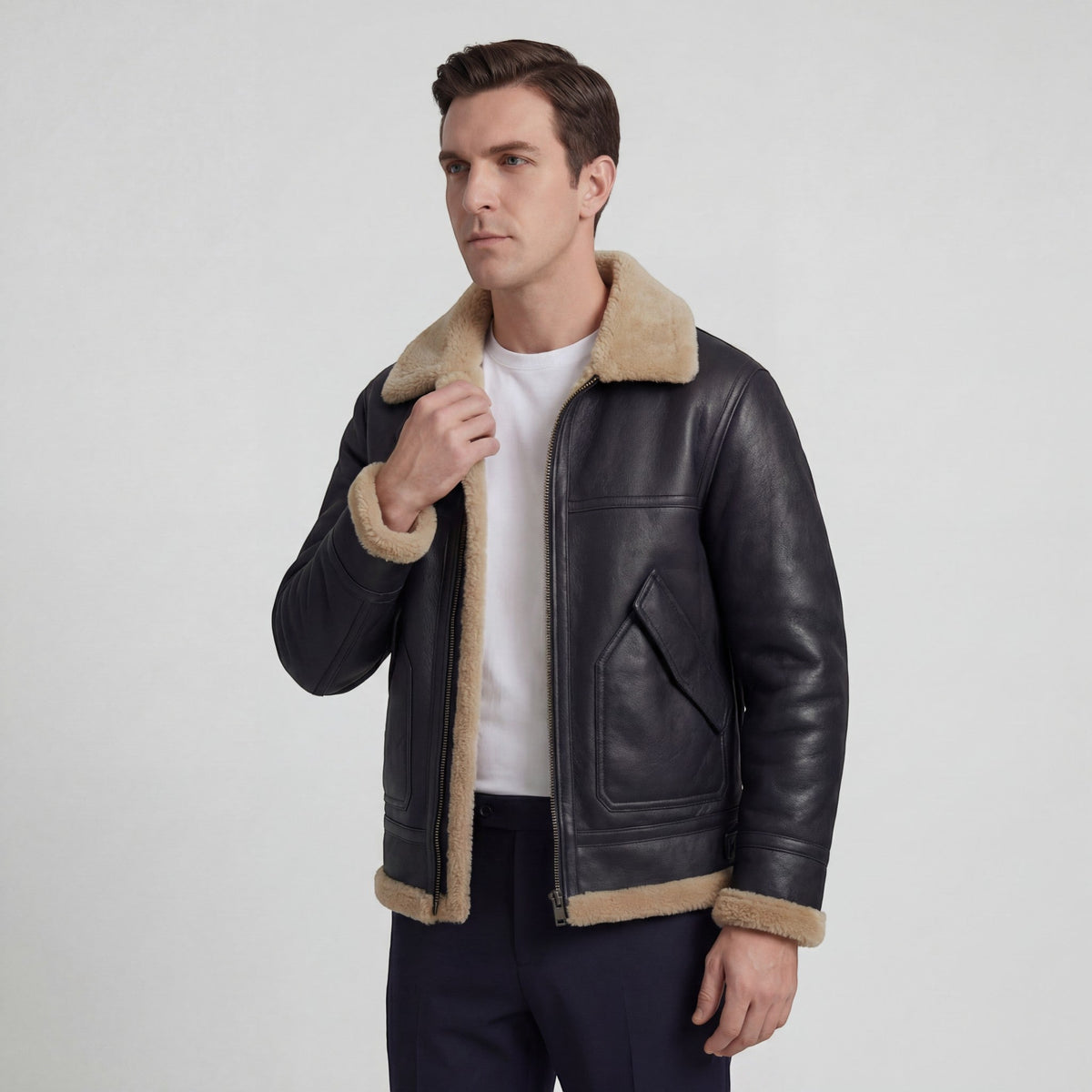 Men's aviator jacket with contrasting shearling-style trim and zip front