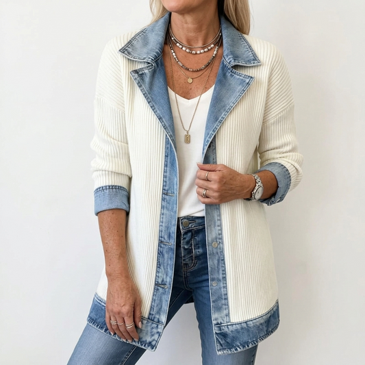 Women's color block jacket with denim-style trim, lapel collar and long sleeves
