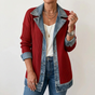 Women's color block jacket with denim-style trim, lapel collar and long sleeves