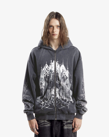 Black hooded zip hoodie with monochrome cathedral graphic and printed sleeves