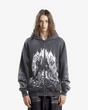 Black hooded zip hoodie with monochrome cathedral graphic and printed sleeves