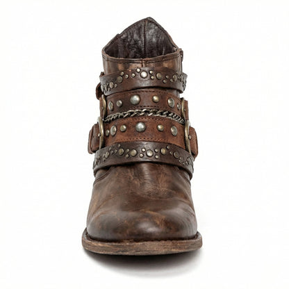 Women's studded ankle boots with multiple buckle straps and low block heels