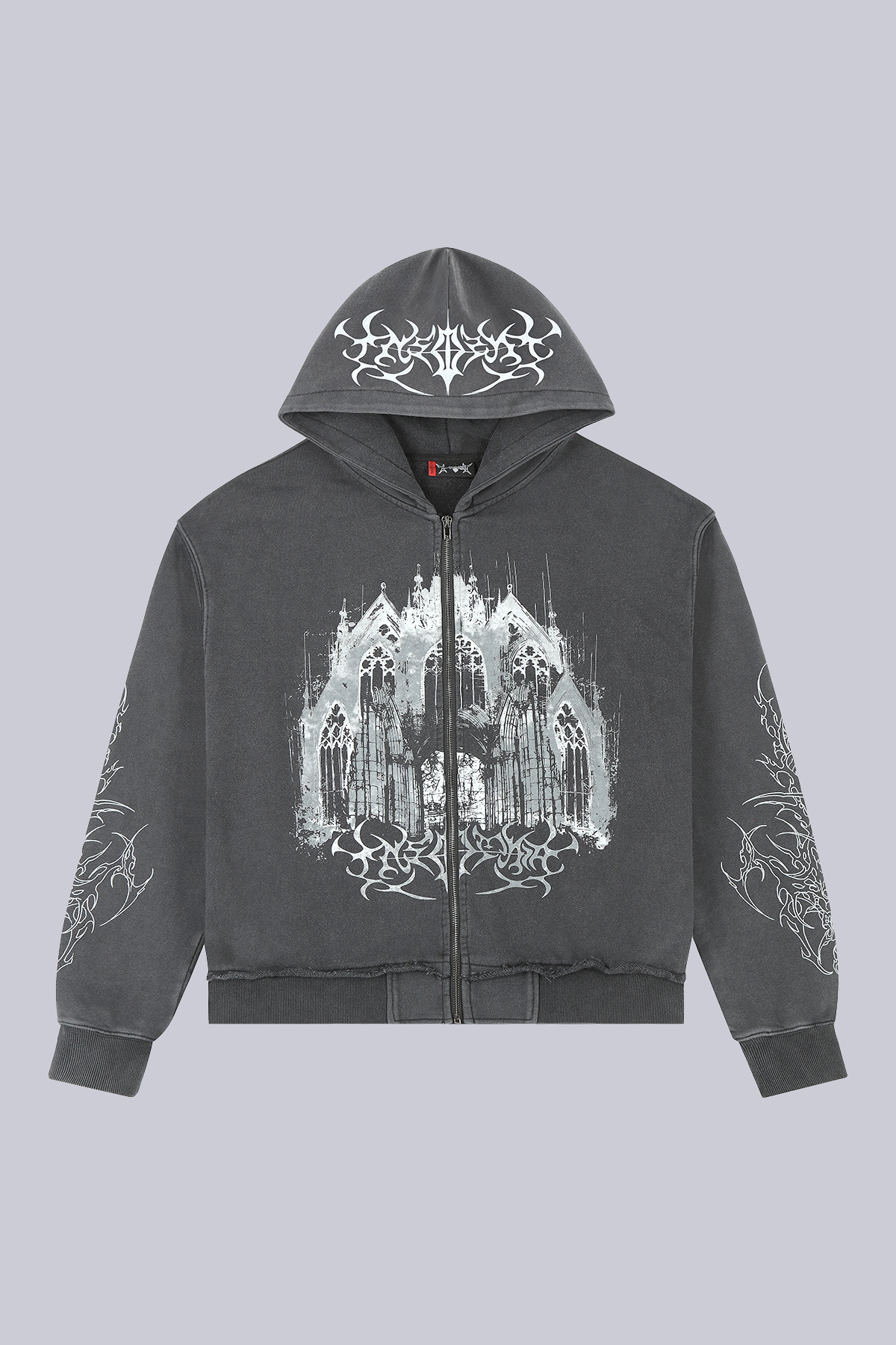 Black hooded zip hoodie with monochrome cathedral graphic and printed sleeves