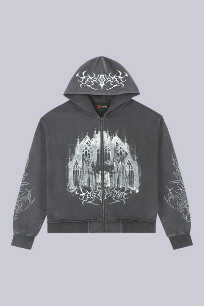 Black hooded zip hoodie with monochrome cathedral graphic and printed sleeves