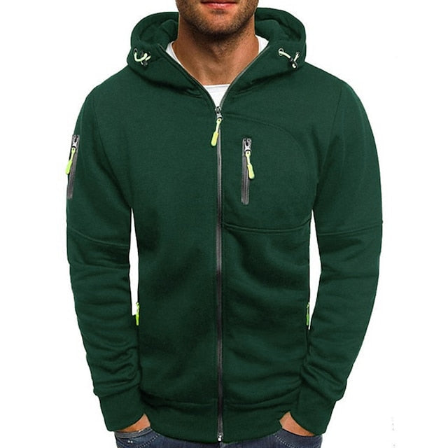 Men's hooded zip-up jacket with chest and side zip pockets