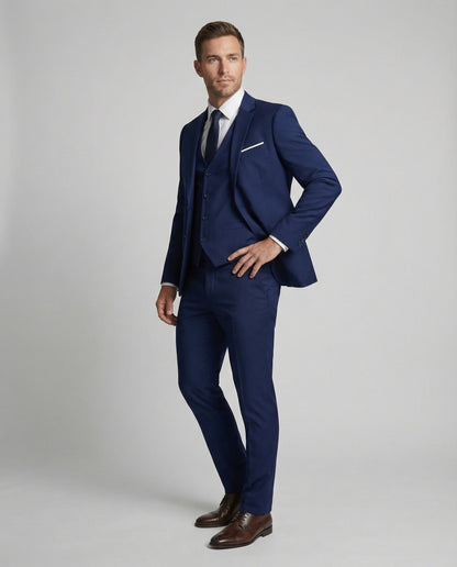 Men's three-piece suit set with notched-lapel jacket, waistcoat and trousers