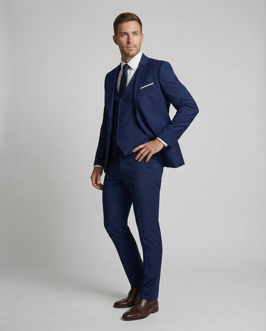 Men's three-piece suit set with notched-lapel jacket, waistcoat and trousers