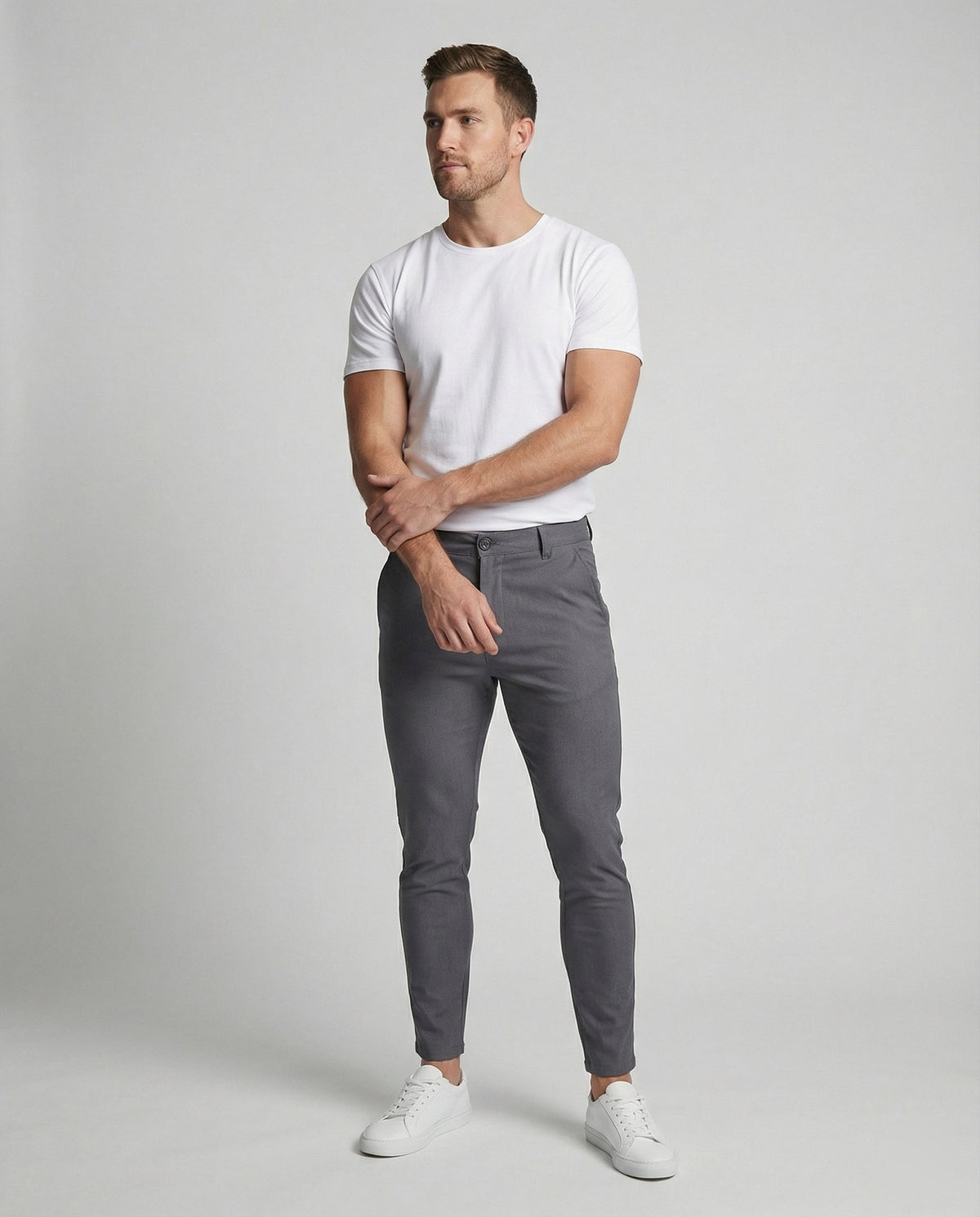 Men's grey slim fit chino trousers, front view