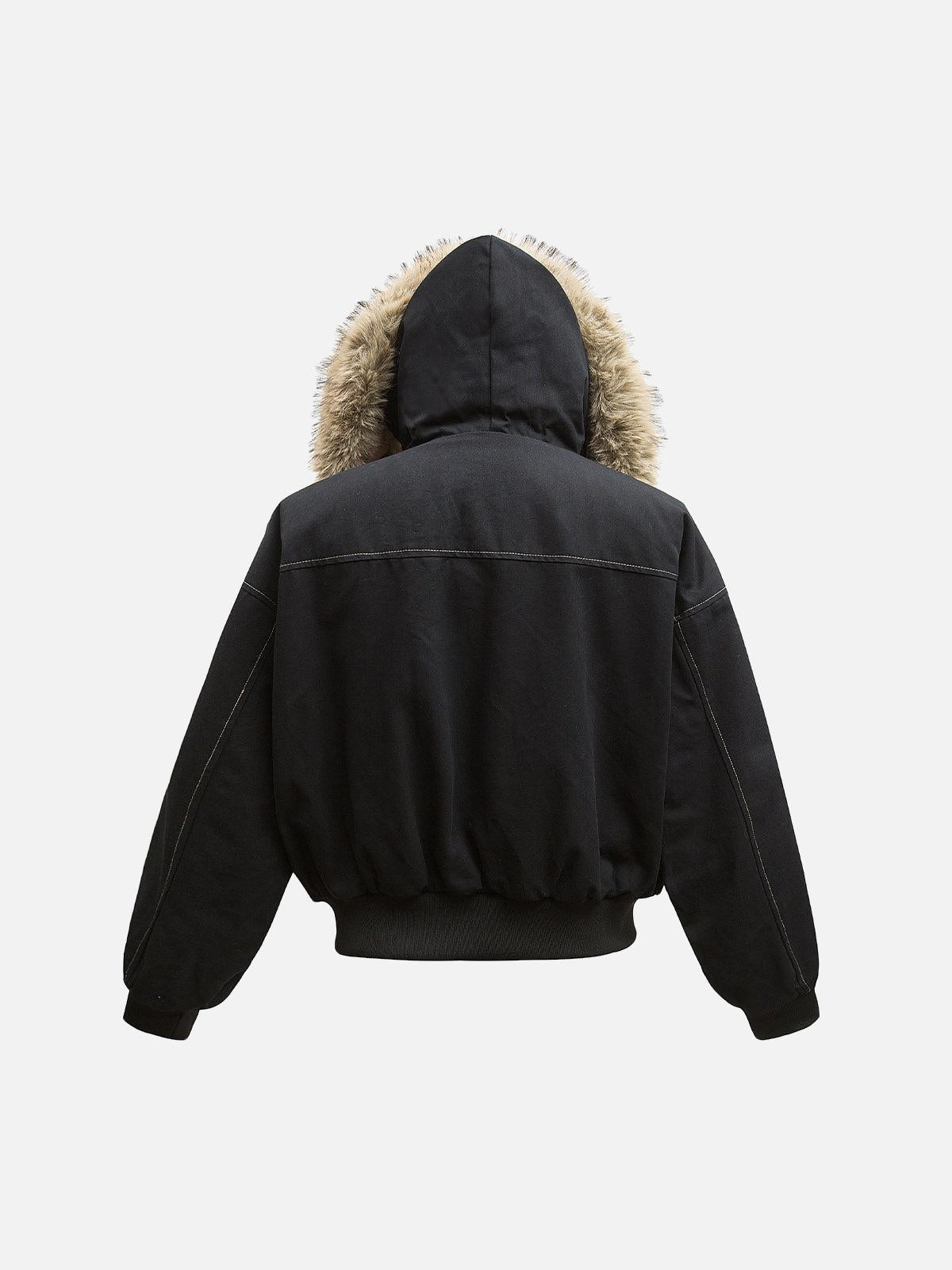 Women's brown hooded bomber jacket with furry trim and front zip
