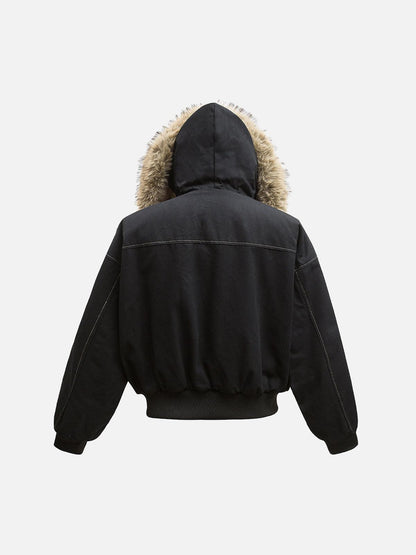 Women's brown hooded bomber jacket with furry trim and front zip