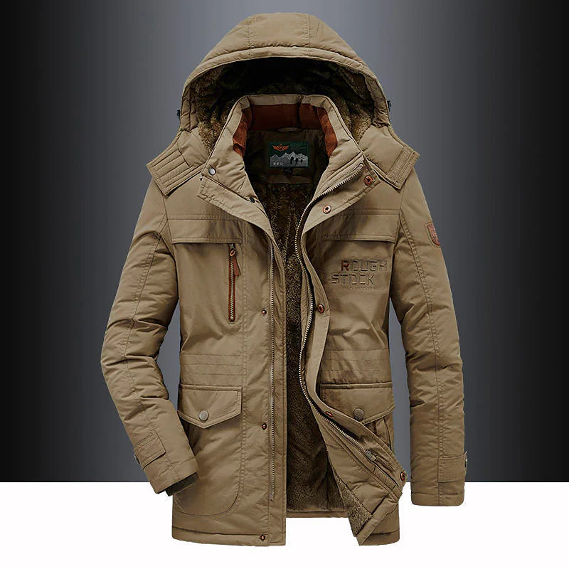 Men's hooded mid-length parka shown in green and black with multiple pockets