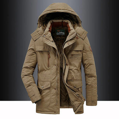 Men's hooded mid-length parka shown in green and black with multiple pockets