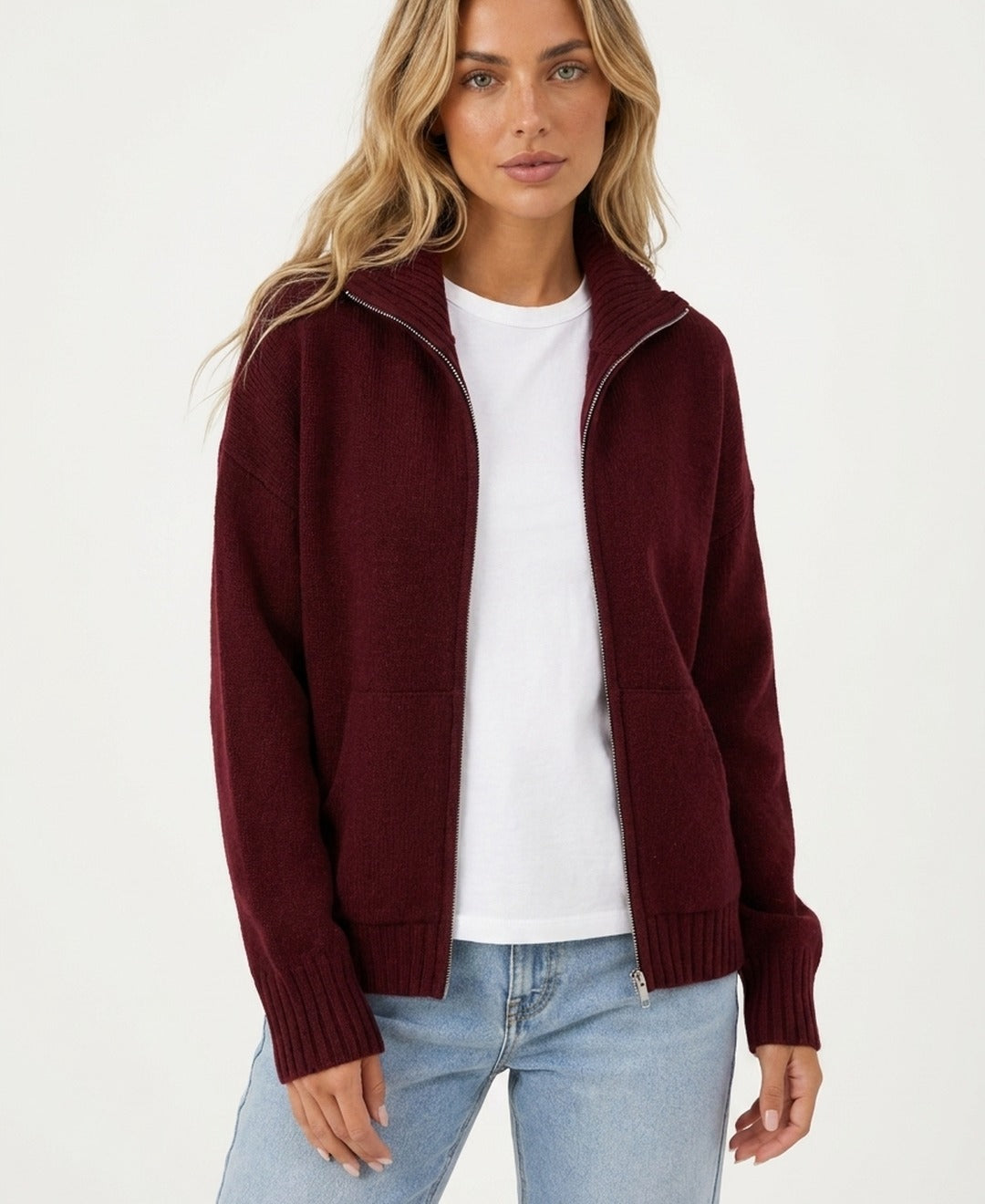Women's solid zip cardigan with mock neck, long sleeves and front pockets