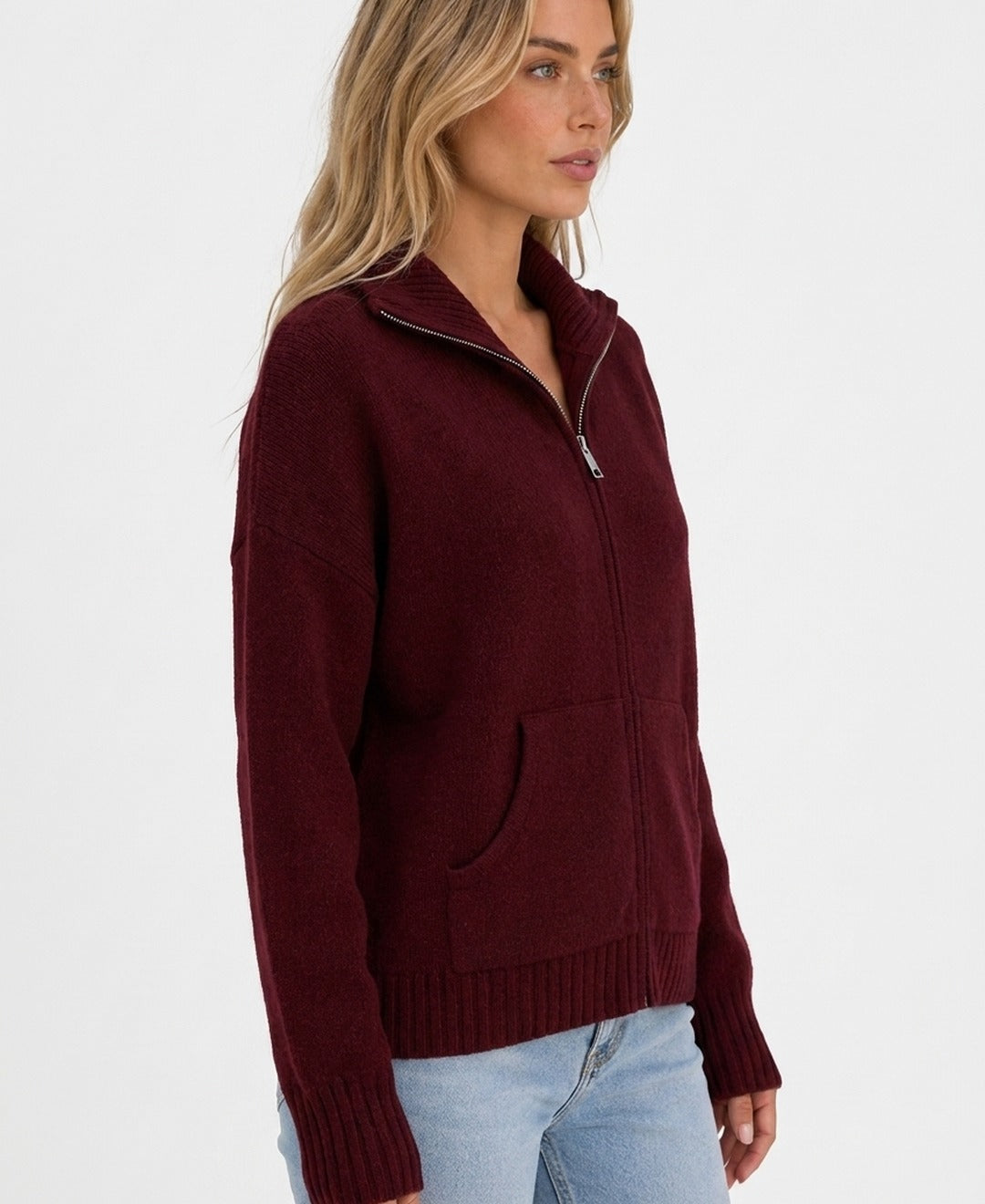 Women's solid zip cardigan with mock neck, long sleeves and front pockets