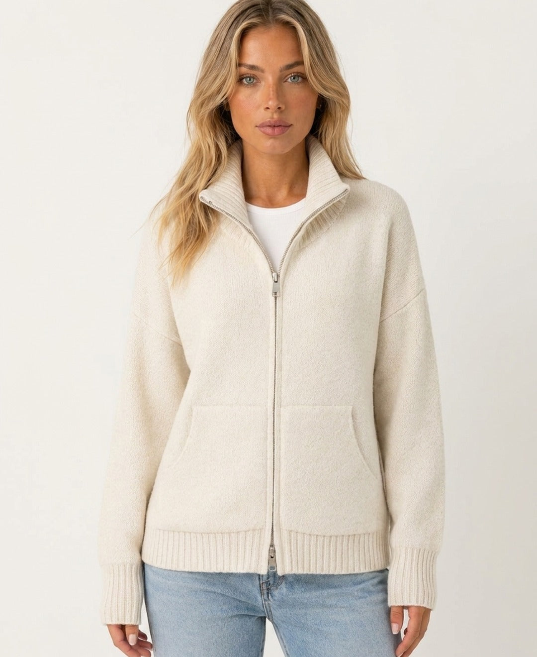 Women's solid zip cardigan with mock neck, long sleeves and front pockets