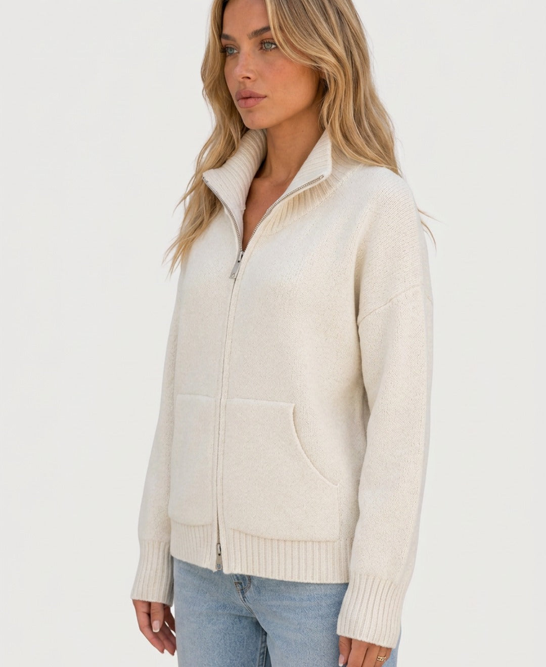 Women's solid zip cardigan with mock neck, long sleeves and front pockets