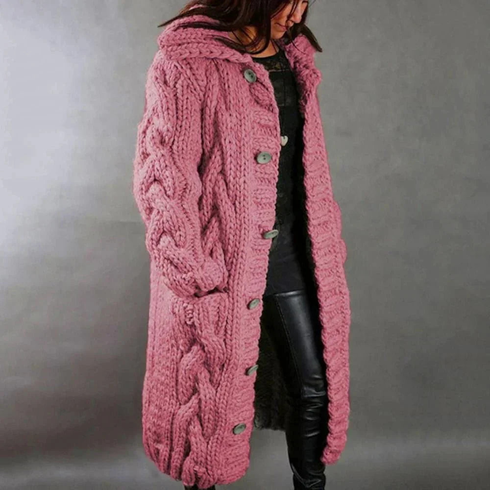 Women's long cable knit hooded cardigan with button front and pockets