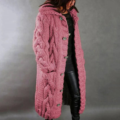 Women's long cable knit hooded cardigan with button front and pockets