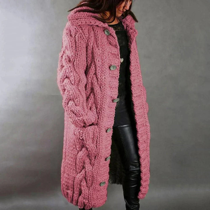 Women's long cable knit hooded cardigan with button front and pockets